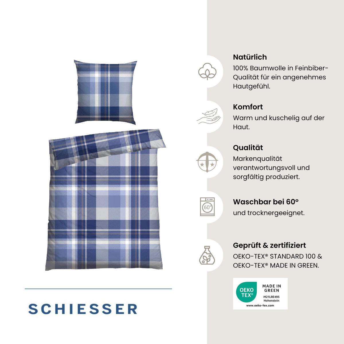 BETTWÄSCHESET Todd - Feinbiber - 2-teilig - 135x200 cm - Braun-Blau - Blau, Textil (135/200cm) - SCHIESSER