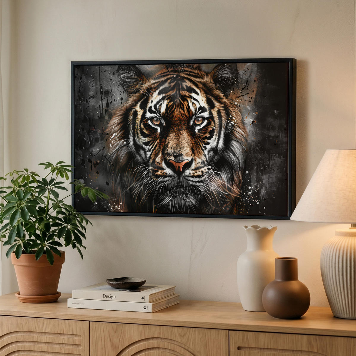 LEINWAND Bilder mit Rahmen - Tiger - Tiere - Porträt - Luxus - Schwarz - 60x40 - Braun, Textil (60/40cm) - MuchoWow