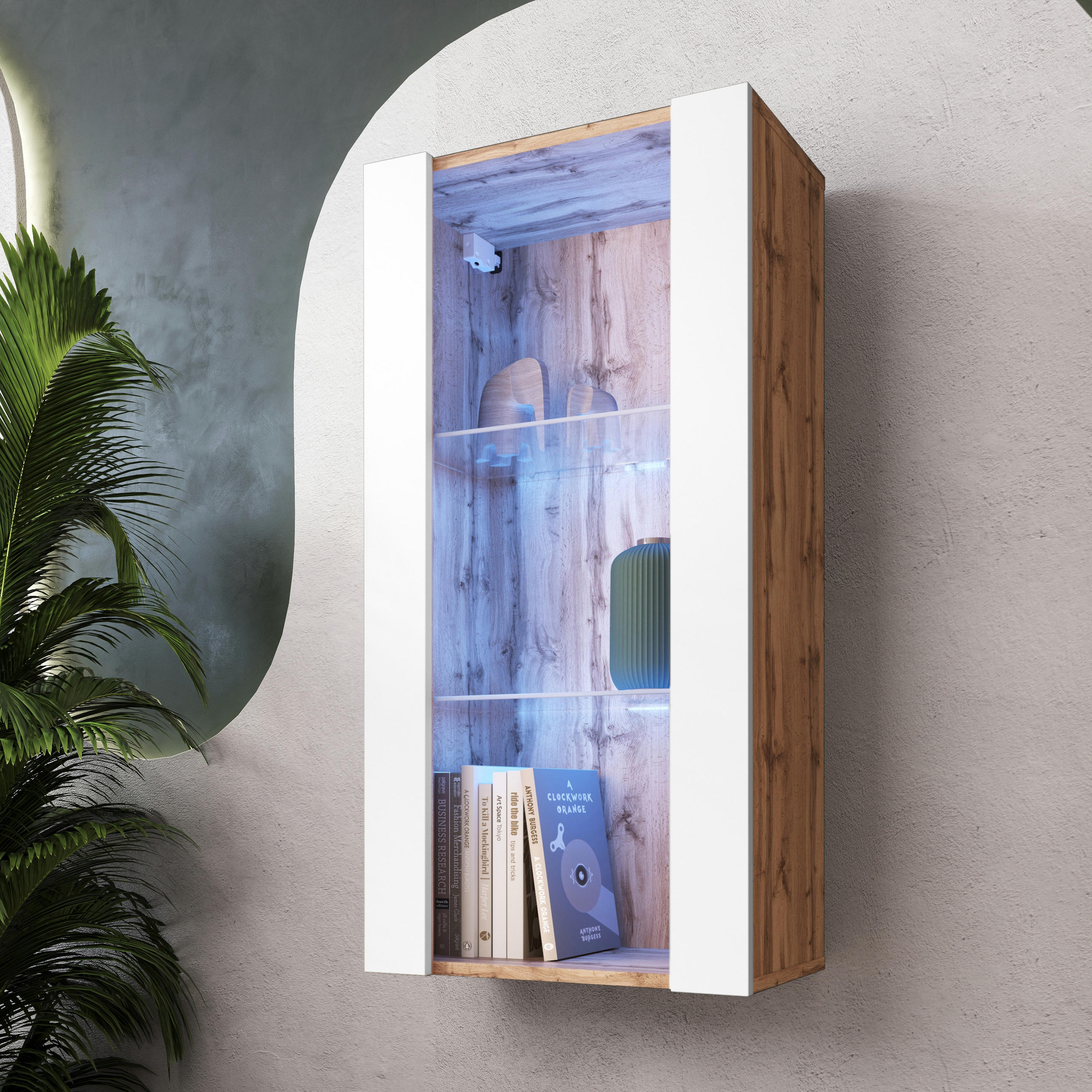 HÄNGEVITRINE TIVOLI Vertical 100, Weiss, LED Blau - Eiche Wotan/Weiß, Glas/Holzwerkstoff (50/100/29.5cm) - Komodee