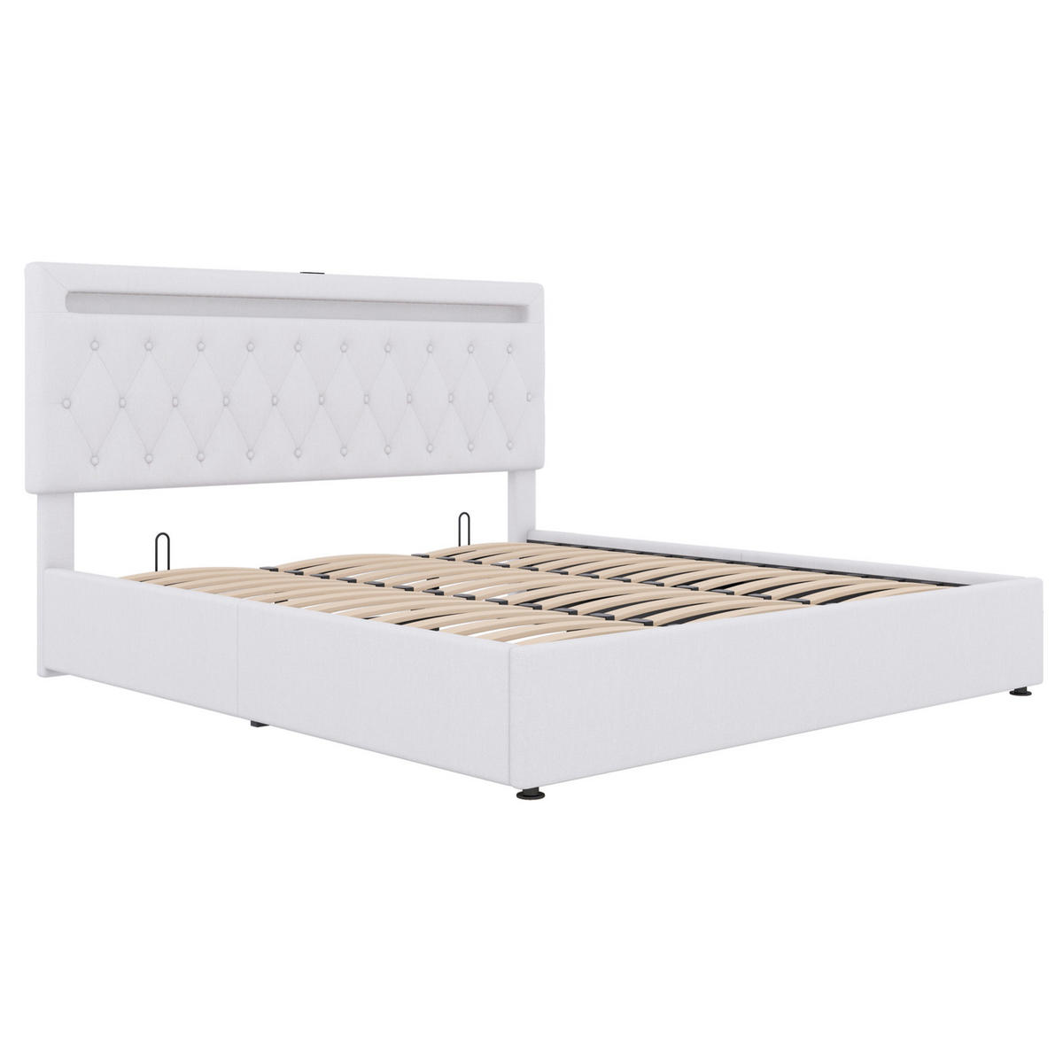 POLSTERBETT aus Leinen und MDF 180x200 cm Weiß mit hydraulischem Stauraum, LED-Beleuchtung und USB-Anschlüssen - Weiß, Textil (180/200cm) - IVMEU