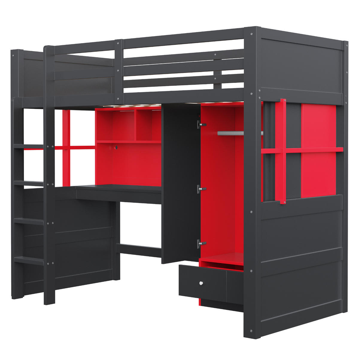 HOCHBETT 90x200cm Gaming Schreibtisch Schrank Stauraum Schwarz - Rot, Holz (90/200cm) - FLIEKS