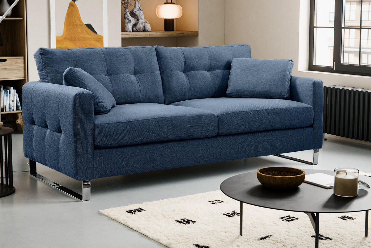 SOFA blau Flachgewebe 2,5-Sitzer 203 cm, Couch mit Steppoptik - Blau/Chromfarben, Holz/Textil (203/92/94cm) - Inn.Furn