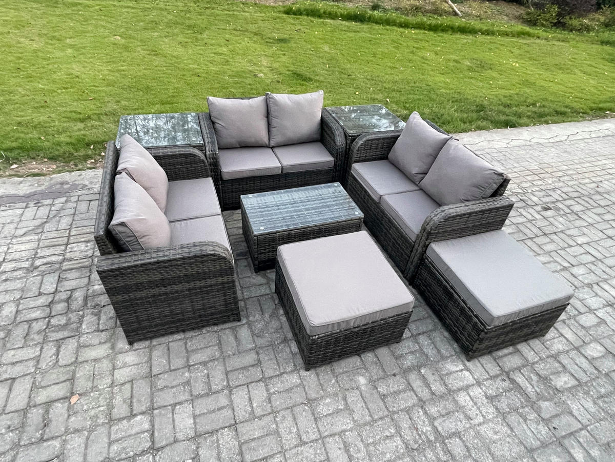 GARTENMÖBELGARNITUR mit KISSEN Polyrattan Dunkelgrau 8-Sitzer - Dunkelgrau/Grau, Glas/Kunststoff - Fimous
