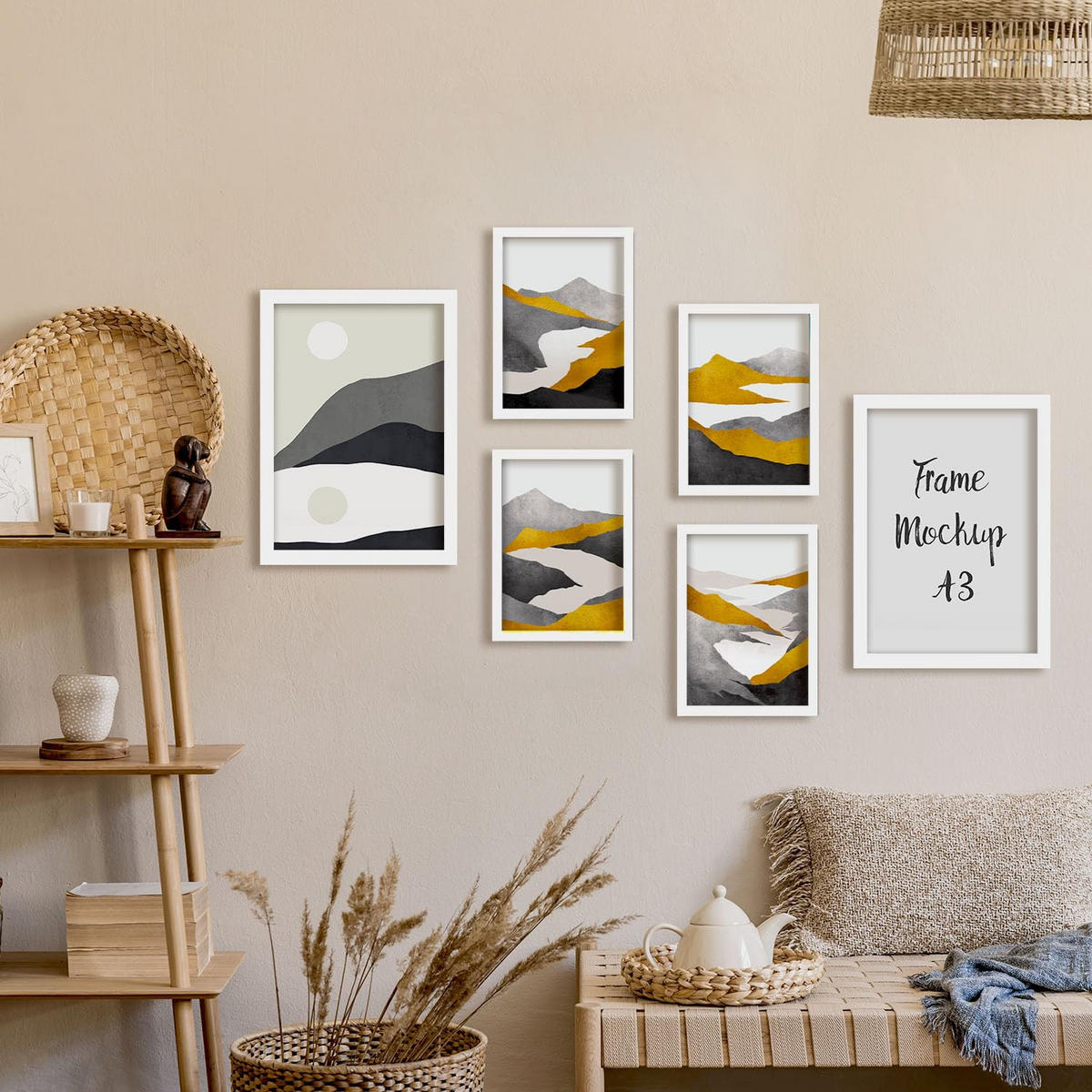 POSTER Set Mit 6 Bergrahmen In Kulissen Abstracts Ästhetische Dekorative Gemälde Für Ihr Wohnzimmer, Schlafzimmer, Zuhause A3 & A4 Weißer Rahmen - Weiß, Papier (29/3cm) - Nacnic