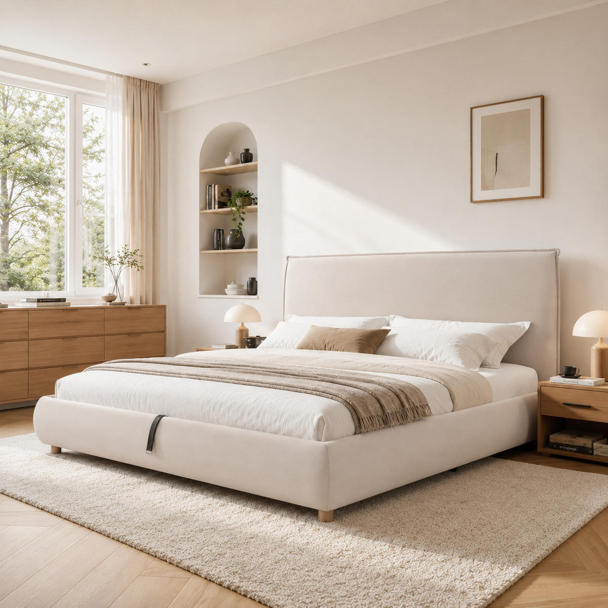 POLSTERBETT 180/200 mit Bettkasten, hydraulischem Stauraum und gepolstertem Kopfteil in Creme - Creme, Holzwerkstoff/Textil (180/200cm) - EVRYAE