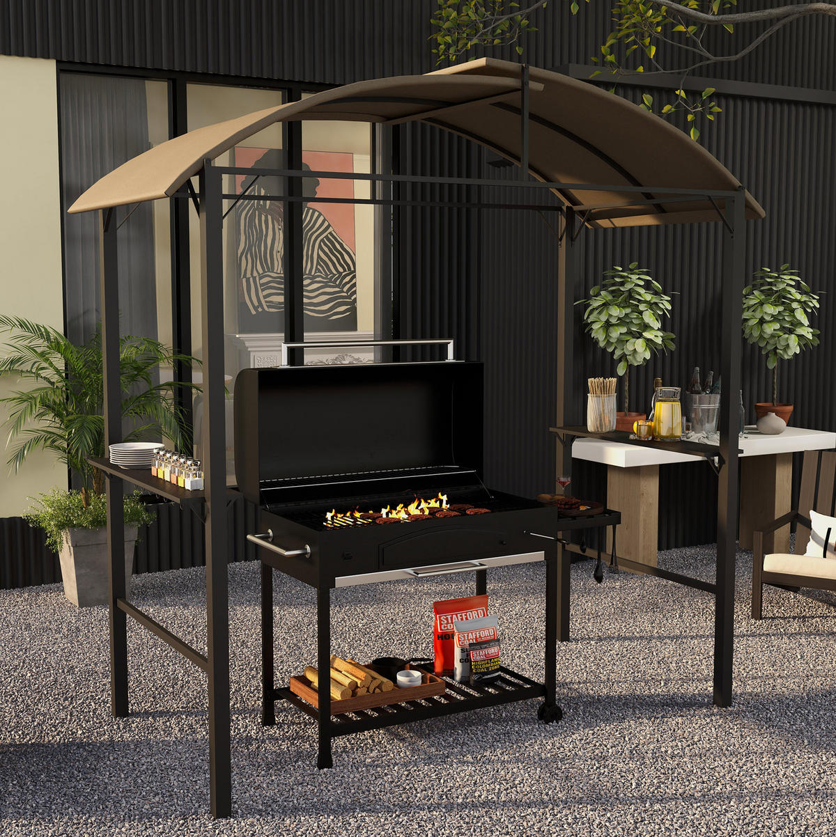 GRILLPAVILLON 233/110/235 cm khaki aus Stahl mit Ablagen - Braun, Metall (110/235/233cm) - OKWISH
