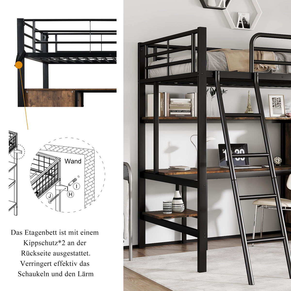 HOCHBETT Mit Bücherregalen, Schreibtisch und Kleiderschrank Schwarz - Schwarz, Holzwerkstoff/Metall - Urban Meuble