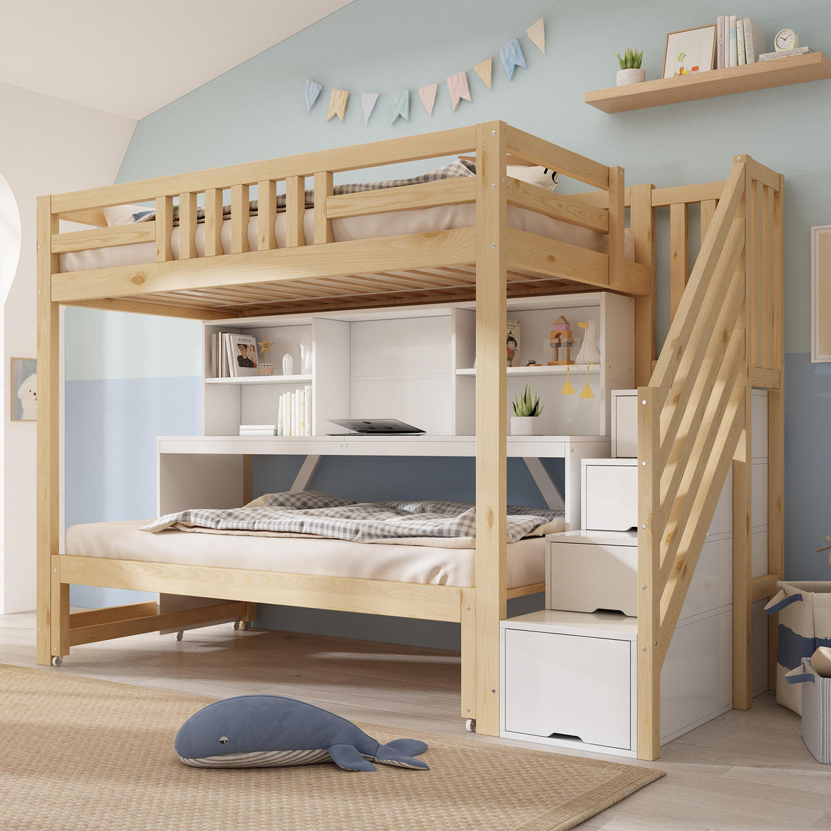 ETAGENBETT 90x200/90x190 cm Weiß Eiche mit Ausziehbett - Eichefarben/Weiß, Holz (90/200cm) - FLIEKS