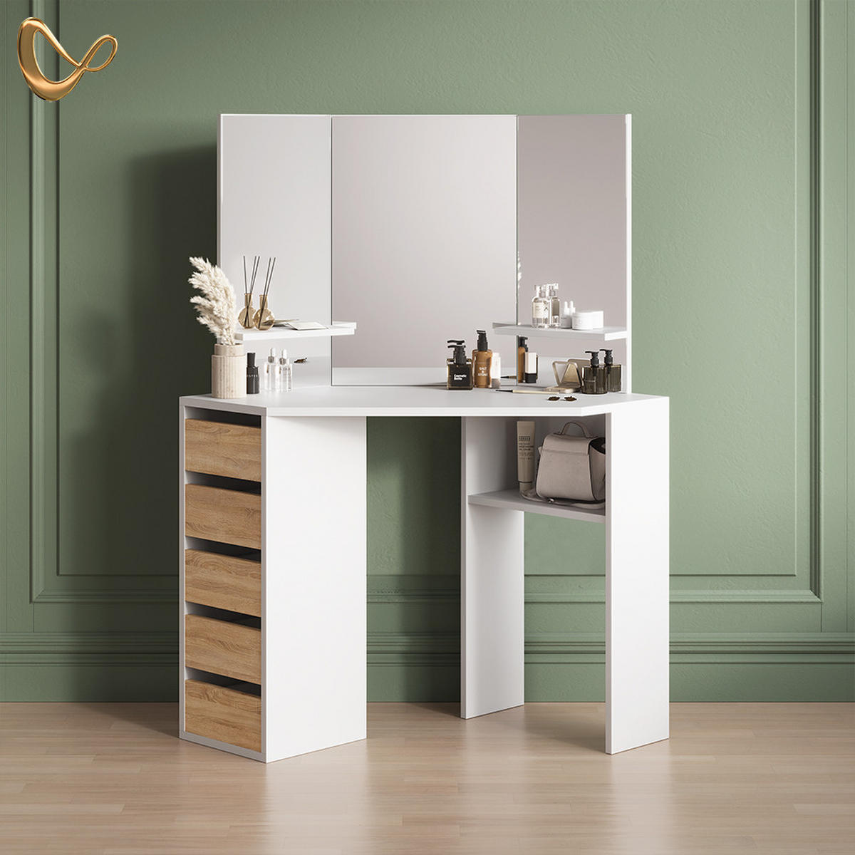 ECKSCHMINKTISCH Enna Weiß/Sonoma 110 cm - Weiß/Sonoma Eiche, Holzwerkstoff (110/141.5/54cm) - Livinity®
