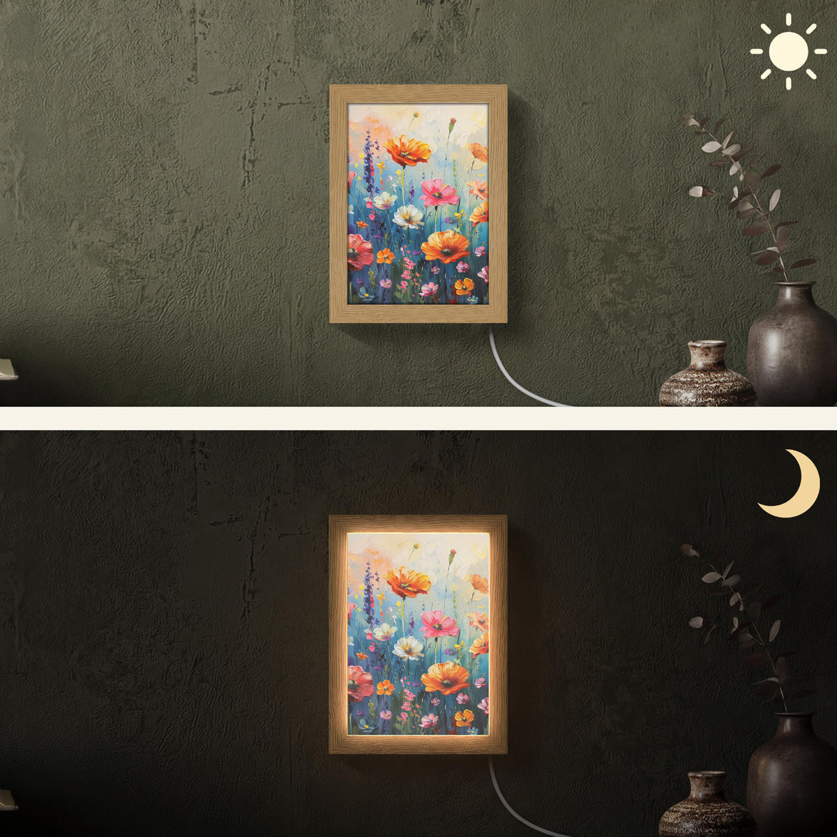 NÁSTĚNNÁ LAMPA Květiny - Příroda - Akvarel - Umění 15x20 cm - různobarevná, kompozitní dřevo (15/20/8cm) - OnlyWow