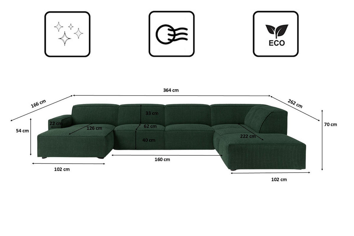 ECKSOFA Cursal V, Stoff Poso, Grün, Rechts - Grün, Holz (364/262cm) - Kaiser Möbel
