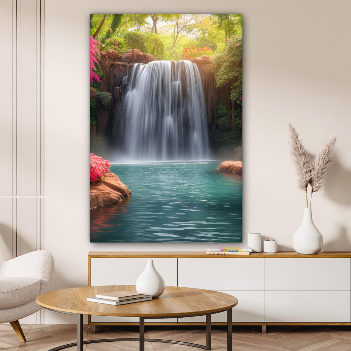 LEINWANDBILD Wasserfall - Natur - Pflanzen - Dschungel - Wasser Deko Groß 90x140 cm - Grün, Textil (90/140cm) - MuchoWow