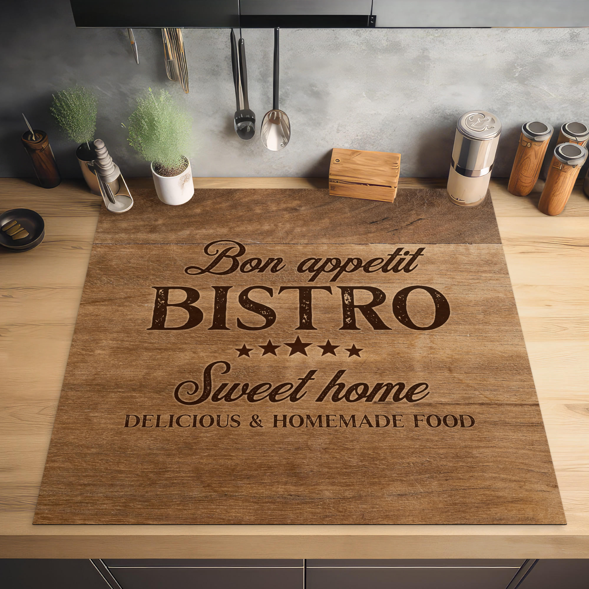 HERDABDECKPLATTE Zitat - Bistro - Guten Appetit - Süßes Zuhause - Holzmaserung 78x78 cm - Braun, Kunststoff (78/0.2/78cm) - MuchoWow