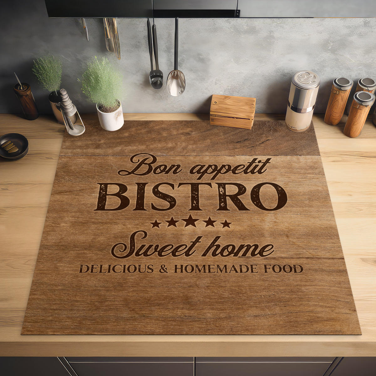 HERDABDECKPLATTE Zitat - Bistro - Guten Appetit - Süßes Zuhause - Holzmaserung 78x78 cm - Braun, Kunststoff (78/0.2/78cm) - MuchoWow