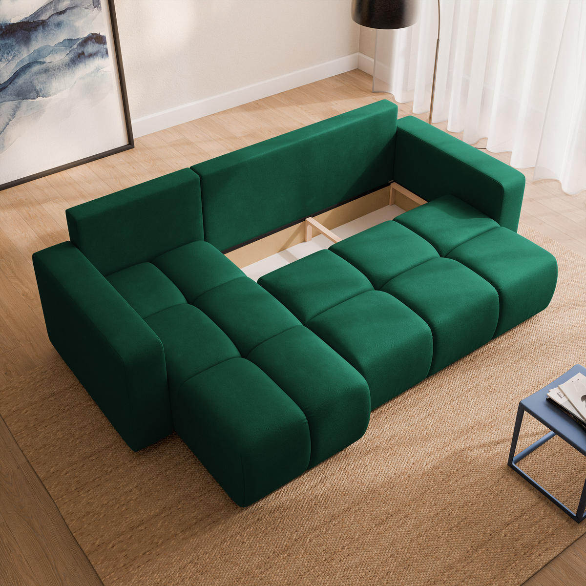 ECKSOFA RAMIL Grün Plüsch-Stoff mit Schlaffunktion - Grün, Holz (240/149cm) - MASSENO
