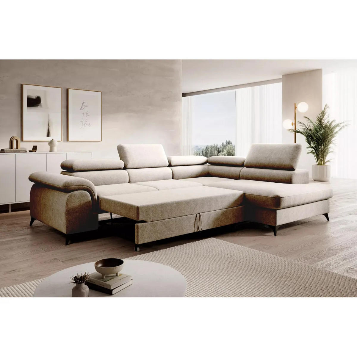 ECKSOFA PLAZA L Rechts mit Schlaffunktion 125x195 Velours Beige - Beige/Schwarz, Holz/Kunststoff (275/205cm) - Muffo
