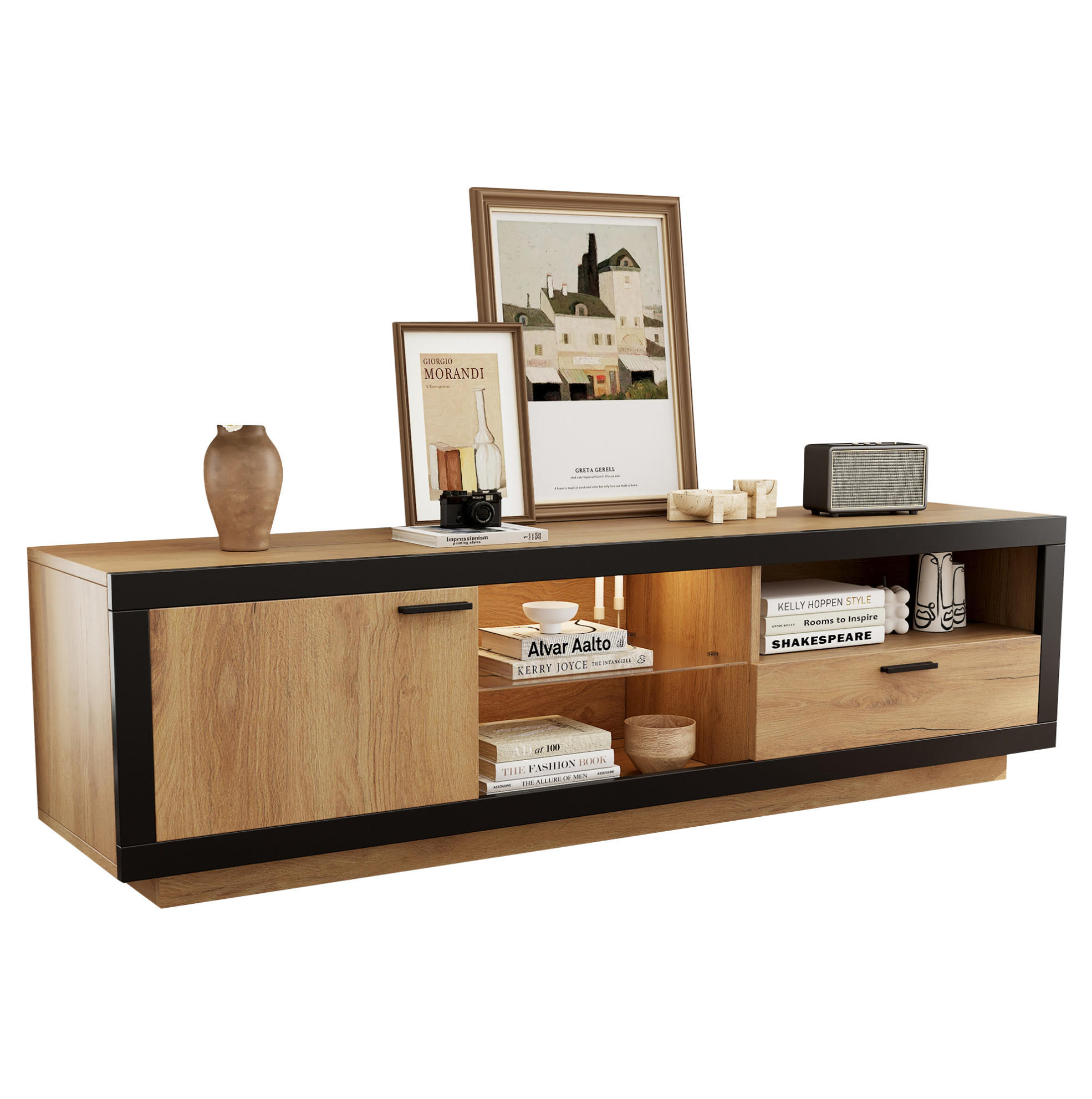 TV-LOWBOARD mit LED-Beleuchtung 160 cm Schwarz/Eiche - Schwarz, Holzwerkstoff (40/50/160cm) - Beauniv