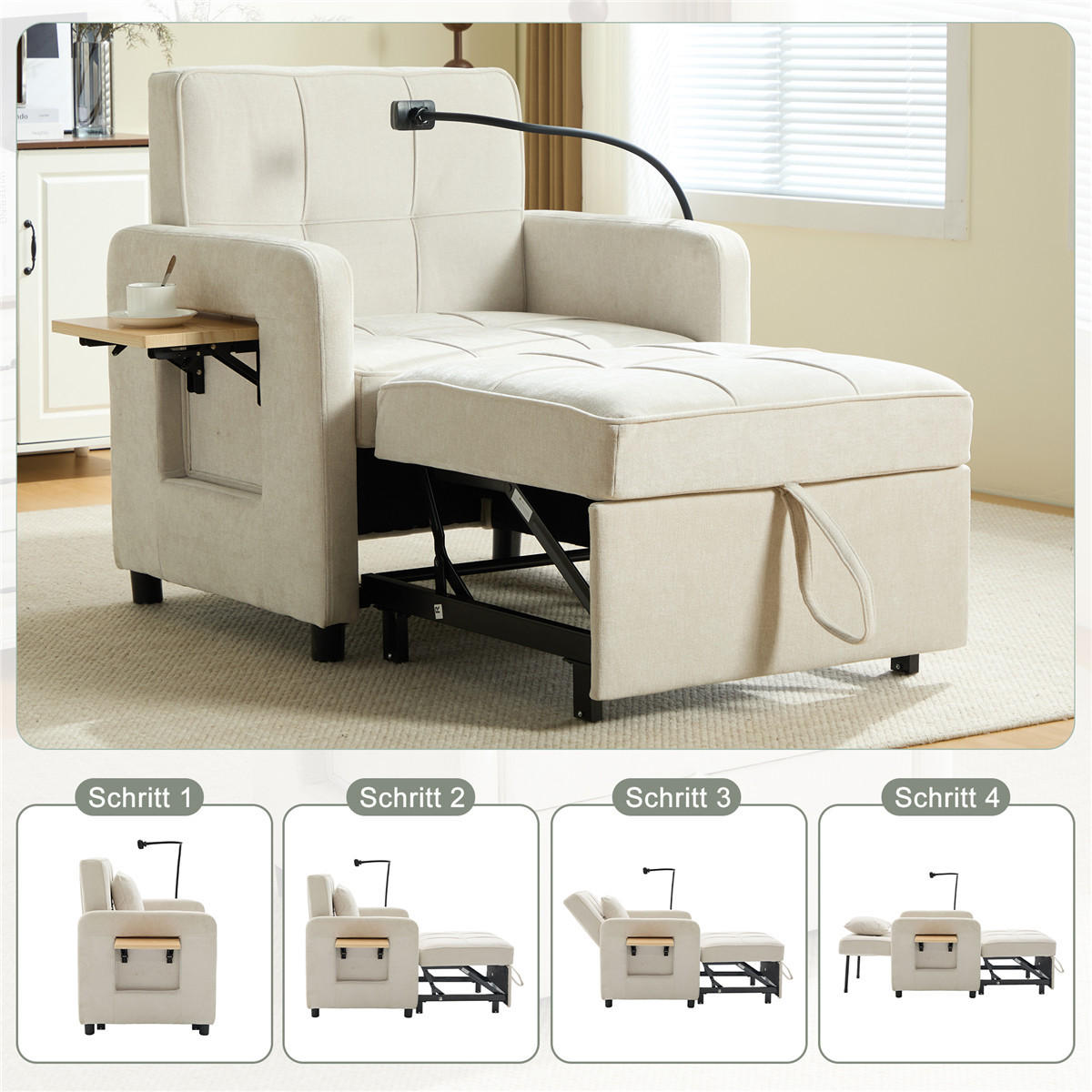 SCHLAFSESSEL 2-in-1 Chenille Einzelschlafsofa beige - Weiß, Textil (79/83/66cm) - Kaket