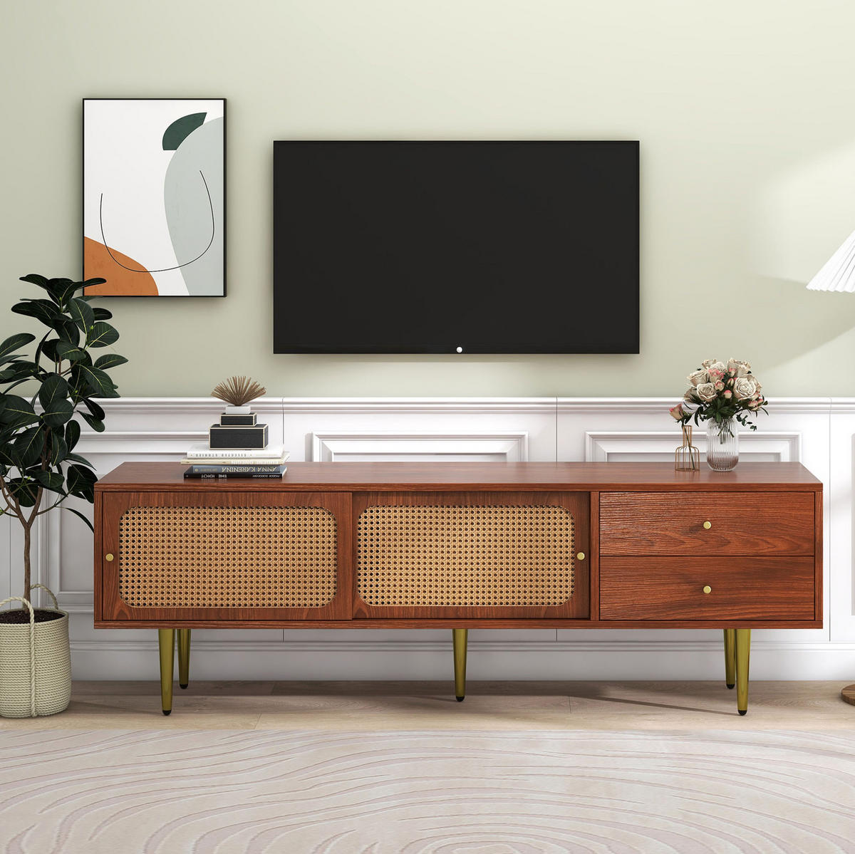 LOWBOARD 160/40/60 cm aus MDF mit Rattan-Schiebetüren Walnussfarben - Weiß, Holzwerkstoff (160/60/40cm) - Modenvie