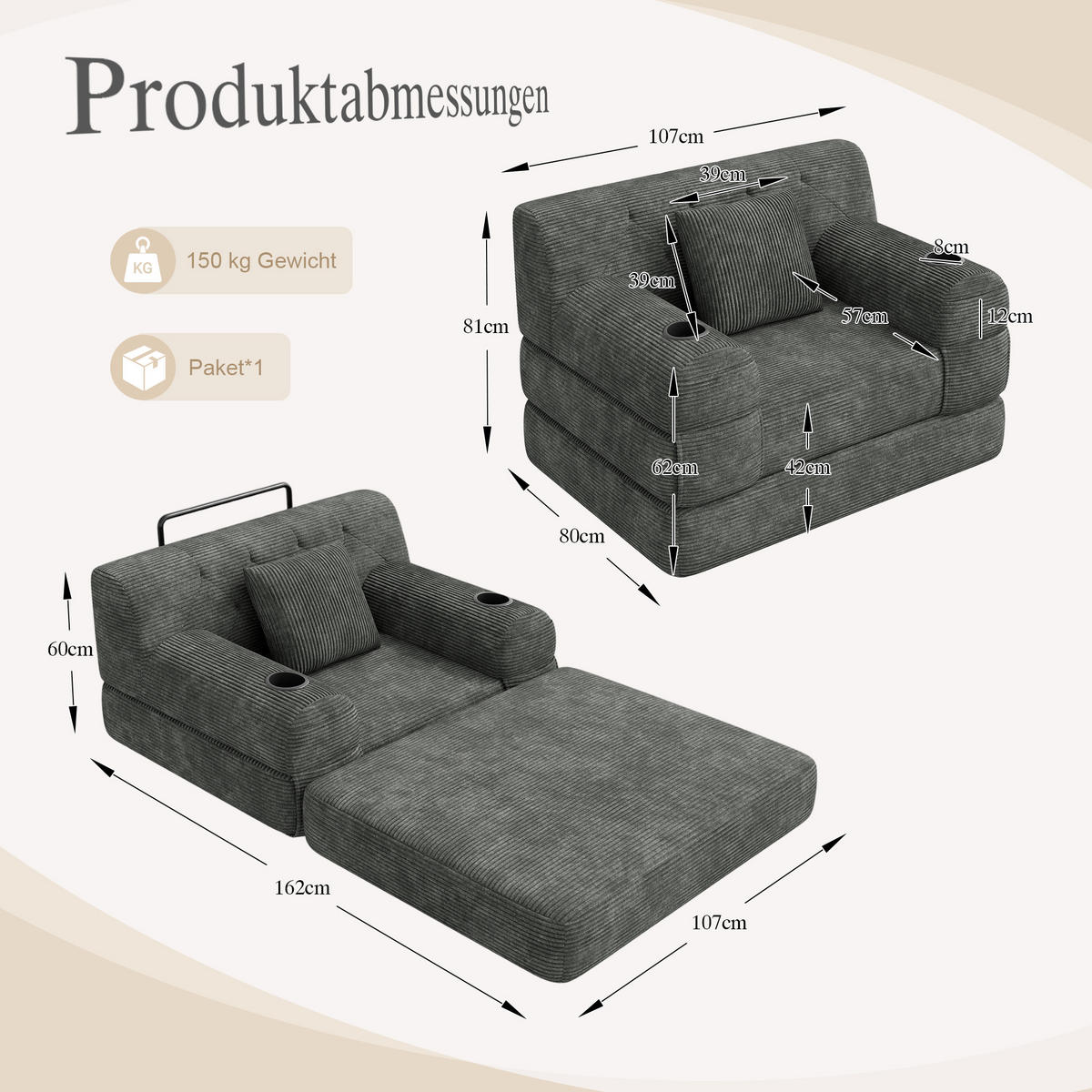 SCHLAFSESSEL Cord komprimiert, DE-42543, Dunkelgrau - Dunkelgrau, Metall (107/81/80cm) - ComfortXL