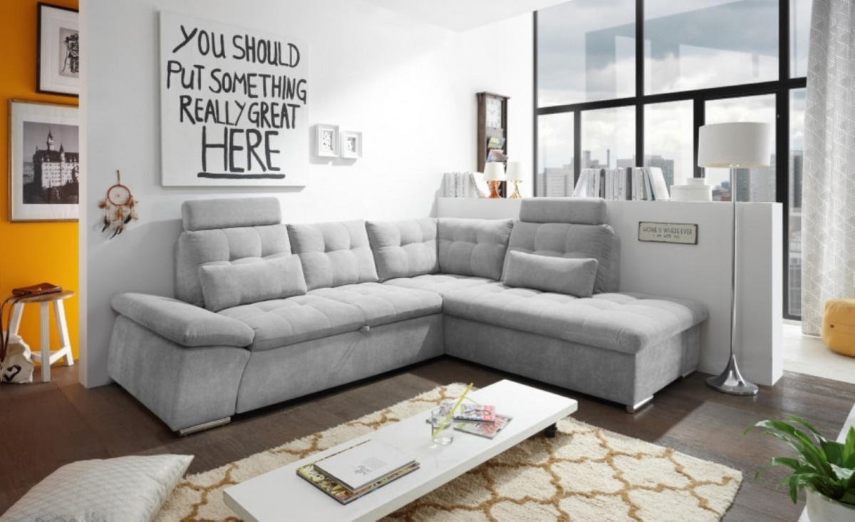 ECKSOFA mit Schlaffunktion, Bettkasten und verstellbarer Armlehne - Chromfarben/Silberfarben, Textil (219/260cm) - ed exciting design