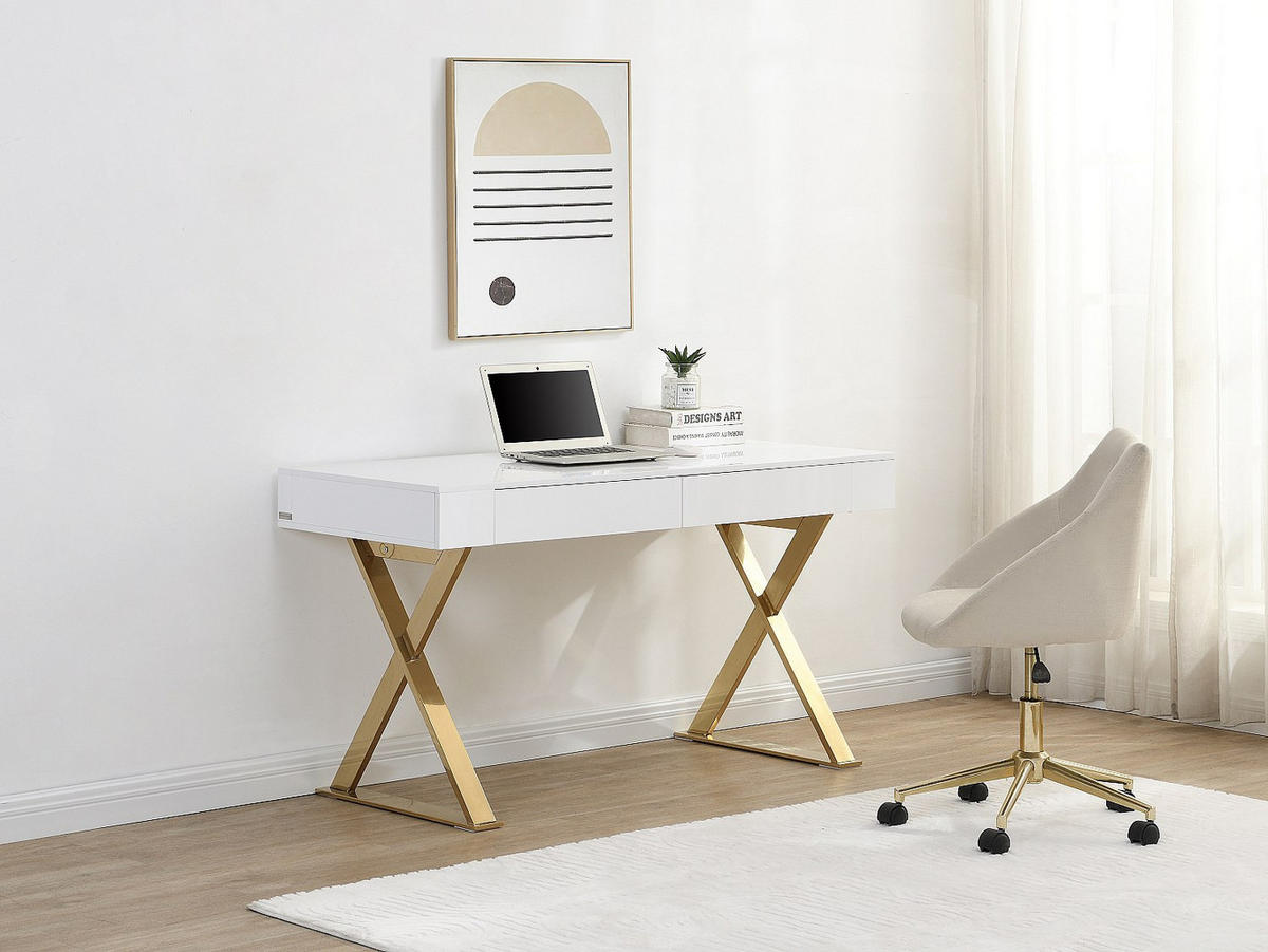 SCHREIBTISCH mit 2 Schubladen - MDF lackiert & Metall - Weiß & Goldfarben - PLEISA - Weiß, Holz (140/60/75cm) - Pascal Morabito