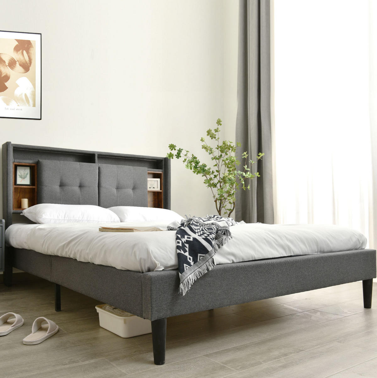 POLSTERBETT 140/200 cm Grau aus Massivholz mit Stauraum-Kopfteil - Grau, Holz (140/200cm) - OKMYHOME