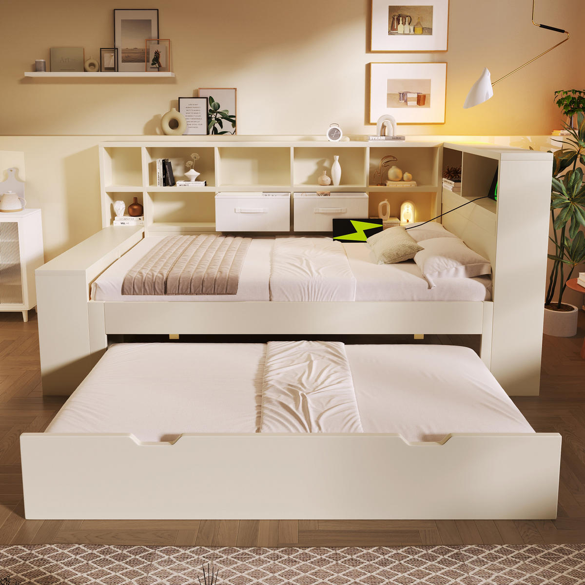 KINDERBETT 90/190 cm mit Ausziehbett, Ablagefächern und USB-/Type-C-Anschlüssen, Weiß - Weiß, Textil (90/190cm) - Redom