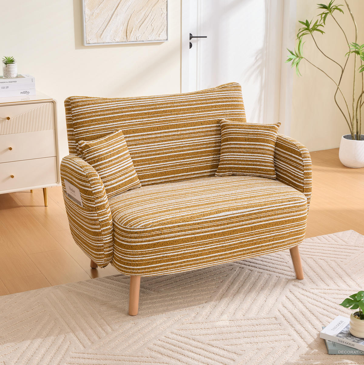 2-SITZER-SOFA aus Bouclé 121x81,5x87 cm in Senfgelb mit Seitentaschen - Gelb, Textil (81.5/87/121cm) - Modfu