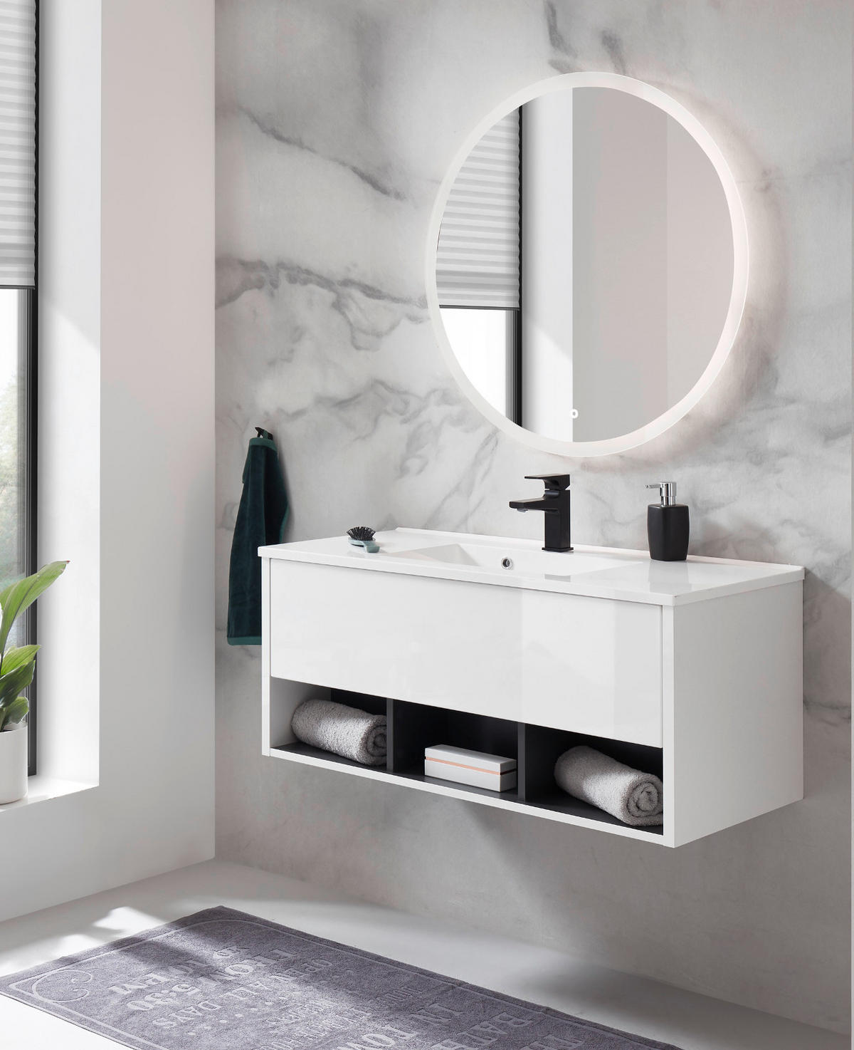 BADMÖBEL-SET weiß Hochglanz, grau, Kombination mit Waschbecken und LED Beleuchtung 100 cm - Weiß Hochglanz/Grau, Glas/Holzwerkstoff (100/190/47cm) - Furn.Design