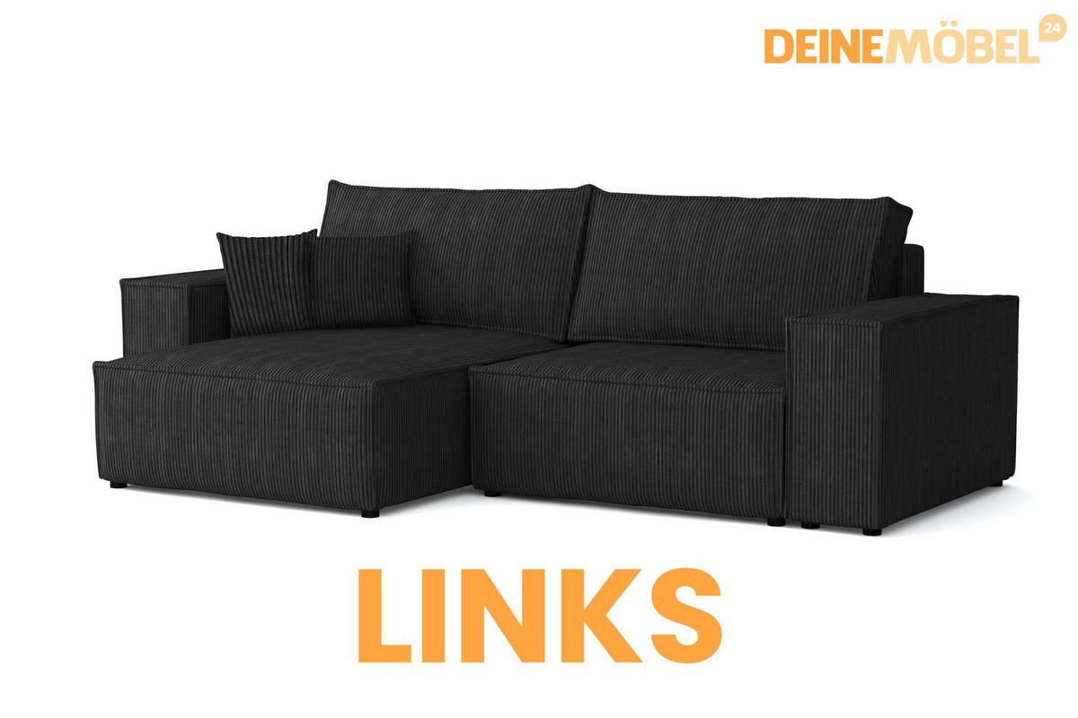 ECKSOFA MATT 255/153 cm links in Cord Schwarz - Schwarz, Holz/Holzwerkstoff (255/153cm) - Deine Möbel 24
