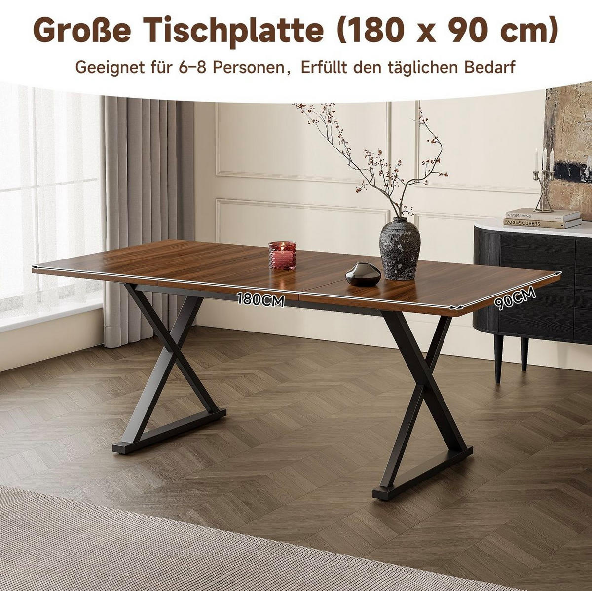 ESSTISCH 180/90/75 cm in Walnuss mit Metallbeinen im X-Design - Walnussfarben, Holzwerkstoff (180/90/75cm) - Flora Grace