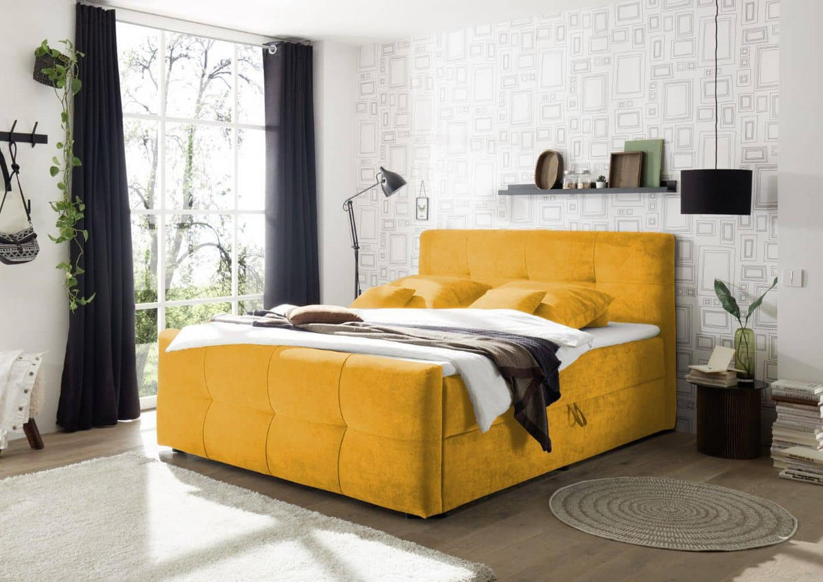 BOXBETT mit 9‑Zonen-Tonnentaschenfederkern-Matratze, HR-30-Topper, Bettkasten - Gelb/Schwarz, Holz/Kunststoff (160/200cm) - ed exciting design