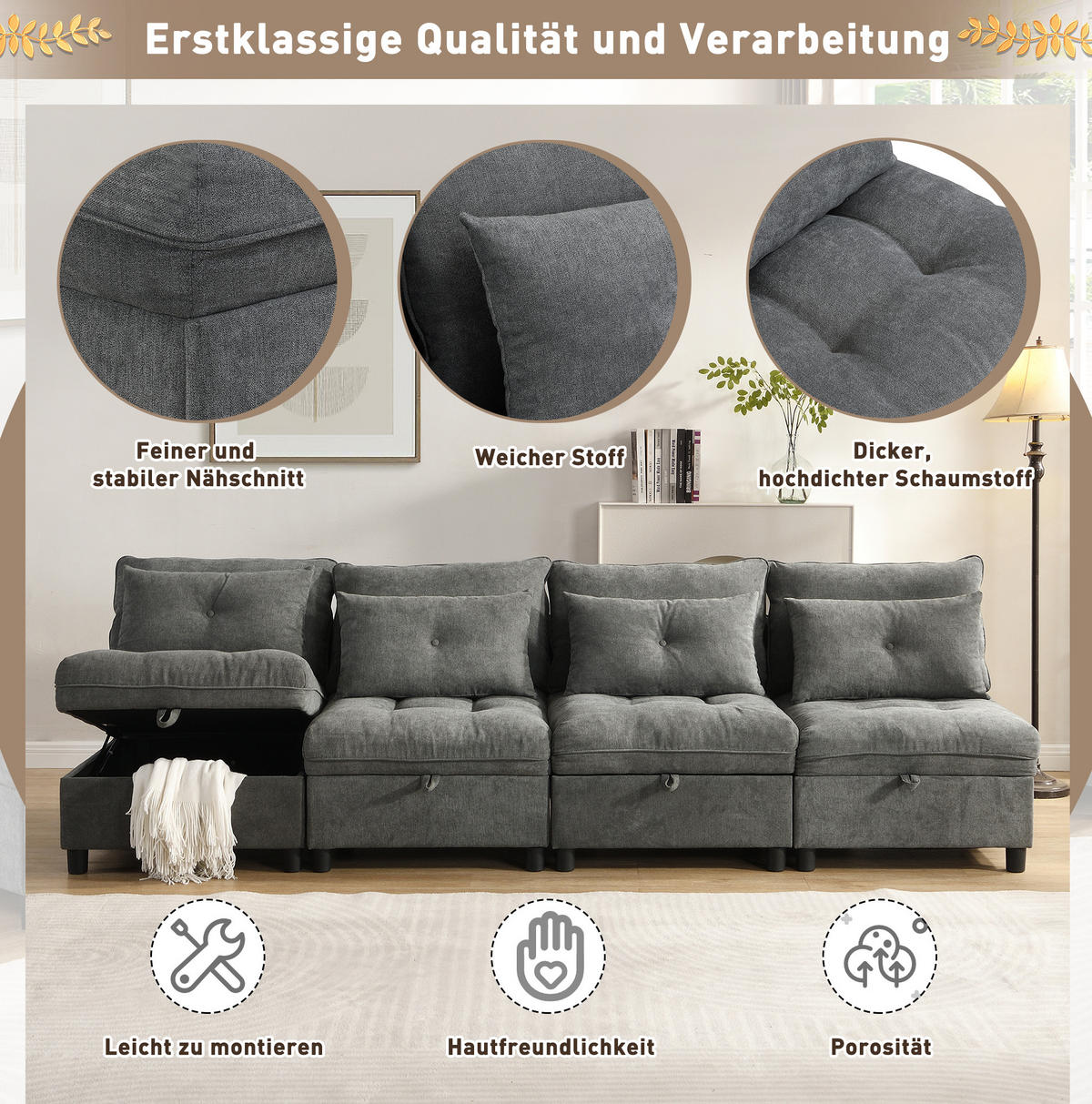 4-SITZER Sofa 274/76/87 cm Antique Gray aus Foam mit Schlaffunktion - Dunkelgrau, Kunststoff (76/87/274cm) - OKMYHOME