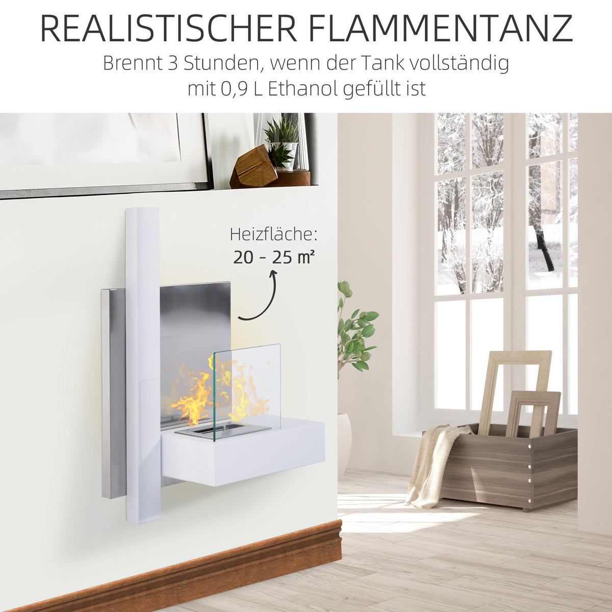 ETHANOL-KAMIN, 0,9L, mit einer Klappe Zubehör, Stahl, Weiß, 75 x 22 x 63 cm - Weiß, Metall (63/22/75cm) - HOMCOM