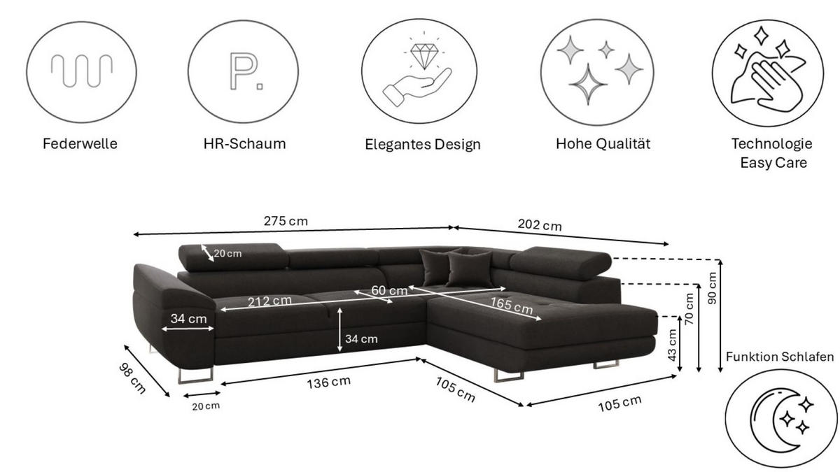 ECKSOFA FALIO L-Form Mit Schlaffunktion Im Modernen Stil Für Das Wohn Und Schlafzimmer Graphit Rechts - Graphitfarben, Holz/Textil (275/202cm) - Kaiser Möbel