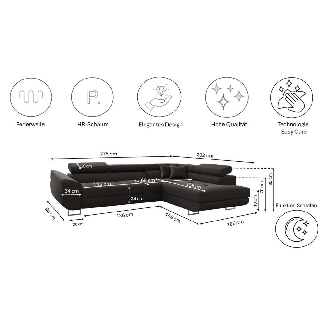 Thumbnail - Kaiser Möbel Ecksofa, Graphit, Textil, 2 Schubladen, einzeln stellbar, L-Form,L-Form, 275x202 cm, Wohnzimmer, Sofas & Co...
