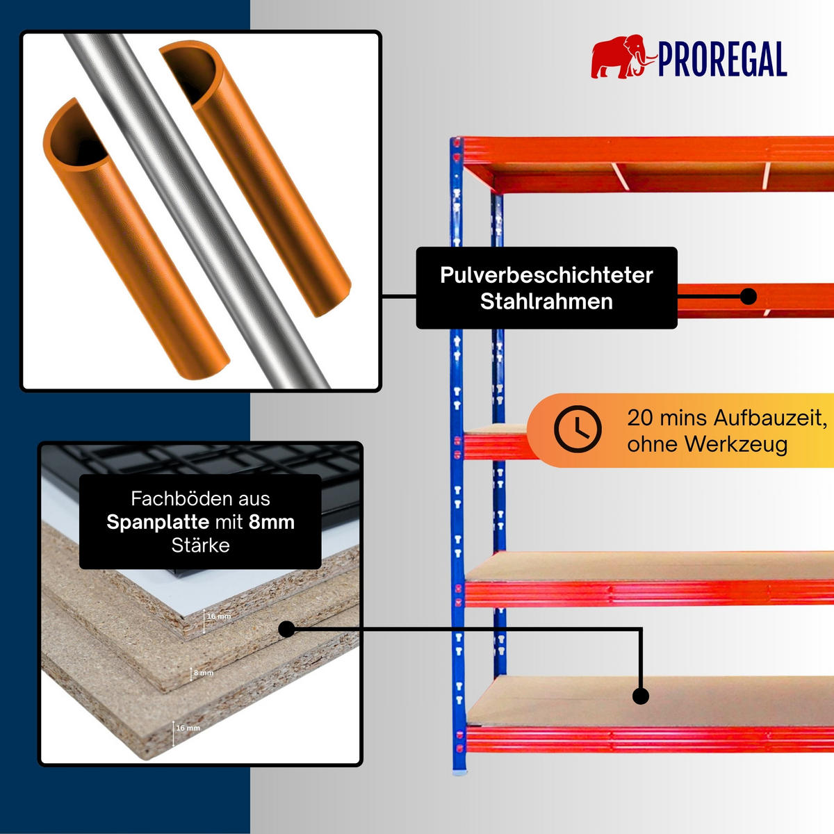 SCHWERLASTREGAL Rhino 200x200x60 cm 5 Spanplatten-Ebenen 8mm Fachlast 500 kg Blau/Orange - Blau/Orange, Metall (200/200/60cm) - PROREGAL