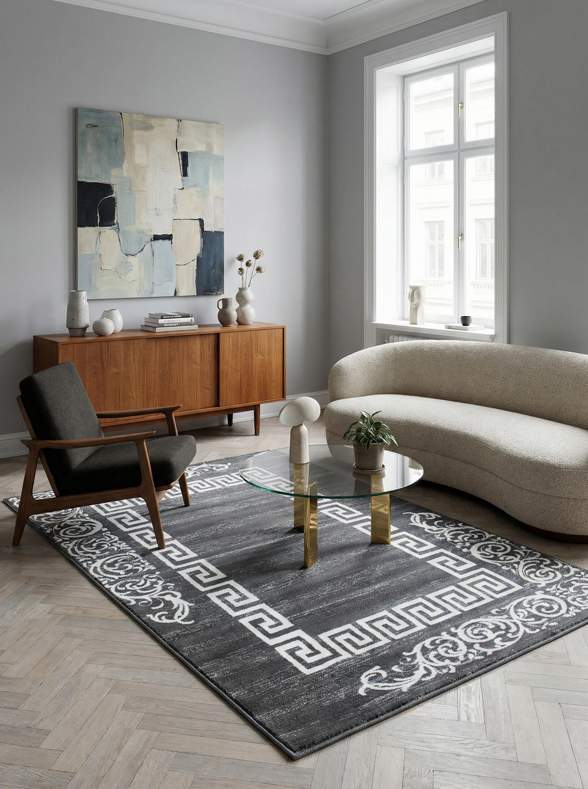 TEPPICH Kurzflor Mäander Polypropylen saugroboter Wohnzimmer Grau Rechteckig 160x230 - Grau, Textil (160/230cm) - KADIMA DESIGN