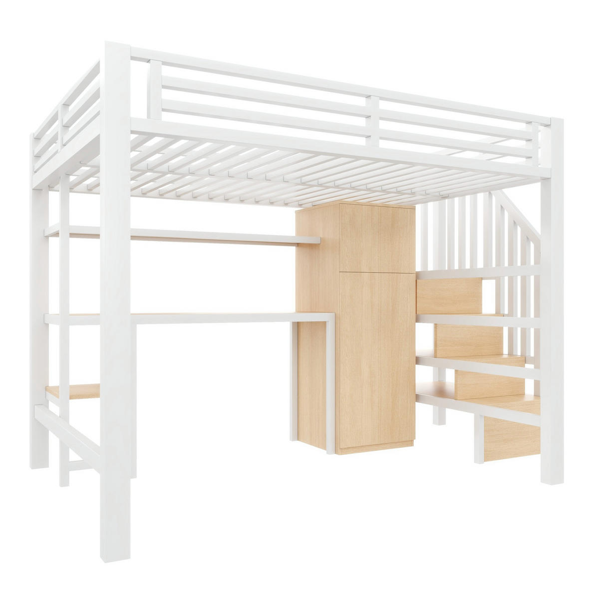 HOCHBETT 140/200 cm mit Schreibtisch, Regal, Kleiderschrank und LED - Weiß, Metall (140/200cm) - MIVRAY