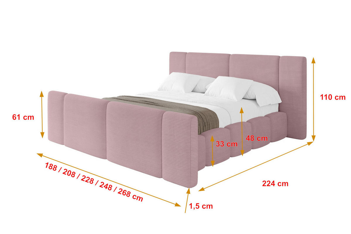 POLSTERBETT mit Bettkasten, Fußteil und Lattenrost, Boxbett ohne Matratze - NILO-Z 180x200 Rosa - Rosa, Holzwerkstoff/Textil (180/200cm) - ALTDECOR