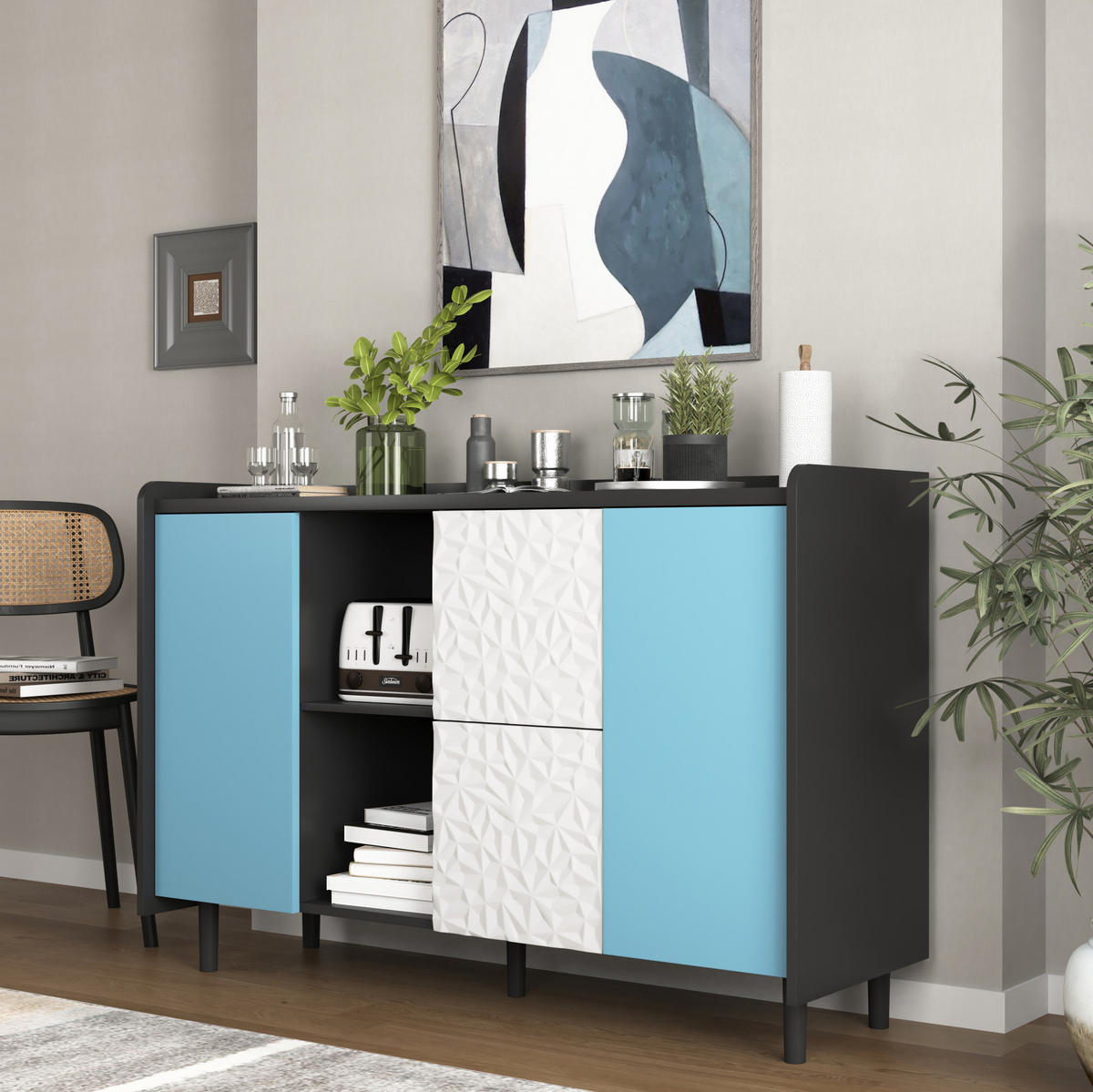 SIDEBOARD 120/40/80 cm Schwarz/Blau aus MDF mit 2 Schubladen - Schwarz, Holzwerkstoff (40/80/120cm) - OKMYHOME