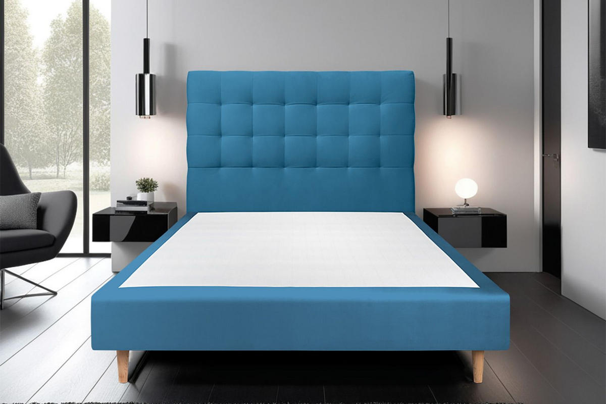KOPFTEIL gepolstert - Gesteppt – ozeanblauer Samtstoff - 200 cm - Beige/Dunkelblau, Holz (200/120/10cm) - Sommeil de Plomb