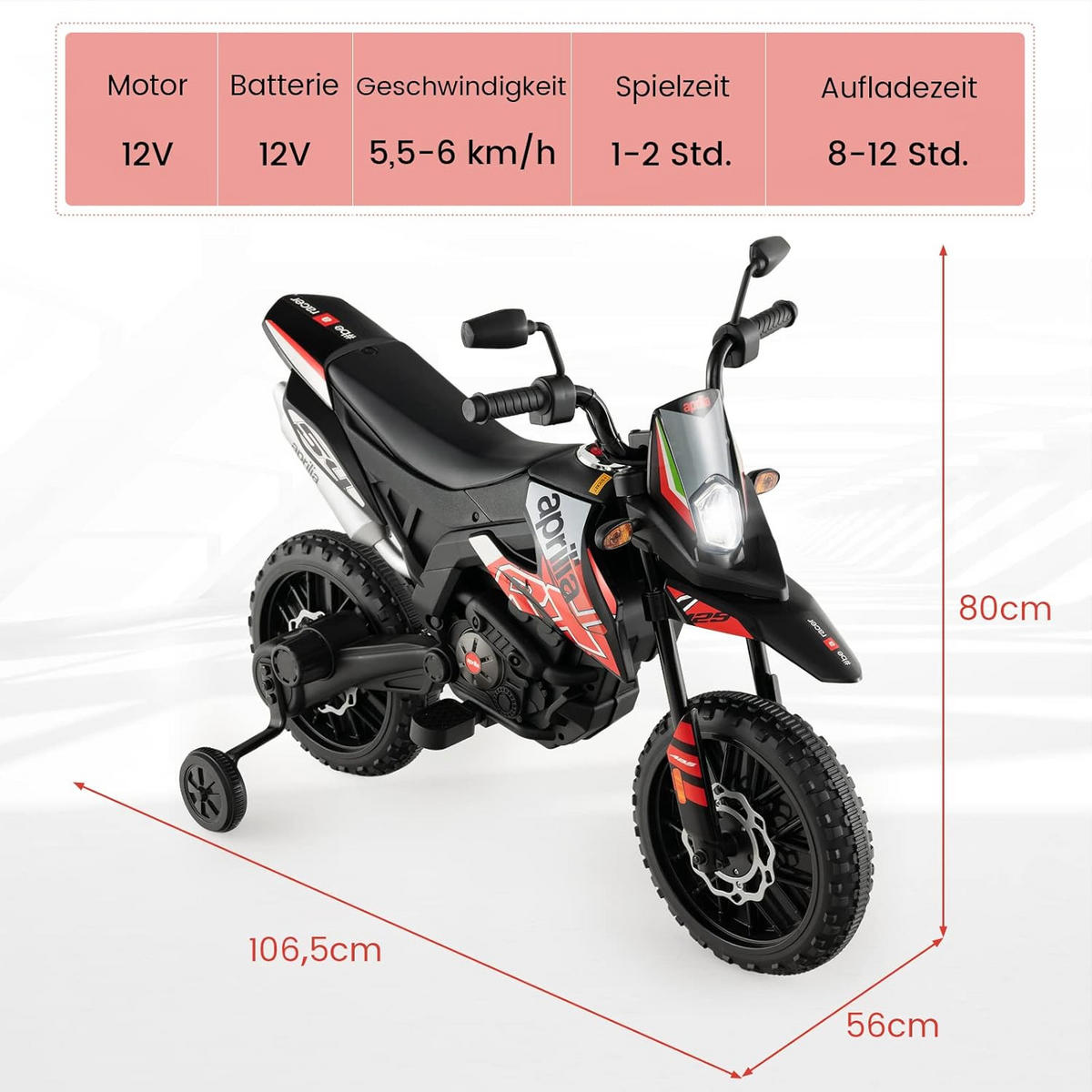 DETSKÁ MOTOCYKEL 12V elektrická červená - červená, plast (106.5/56/80cm) - COSTWAY