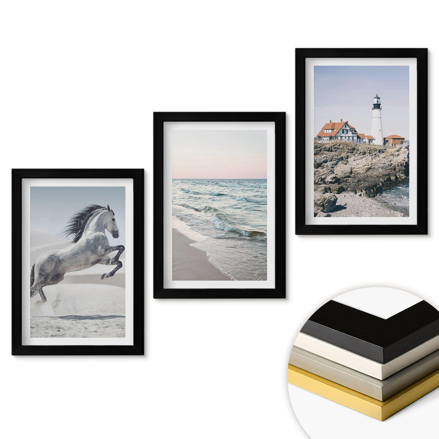 WANDBILDER 3er-Set - 20x30 cm Schwarzer Rahmen - Pferde, Strand, Leuchtturm, Wellen - Schwarz, Kunststoff (20/30cm) - ArtPrintCave