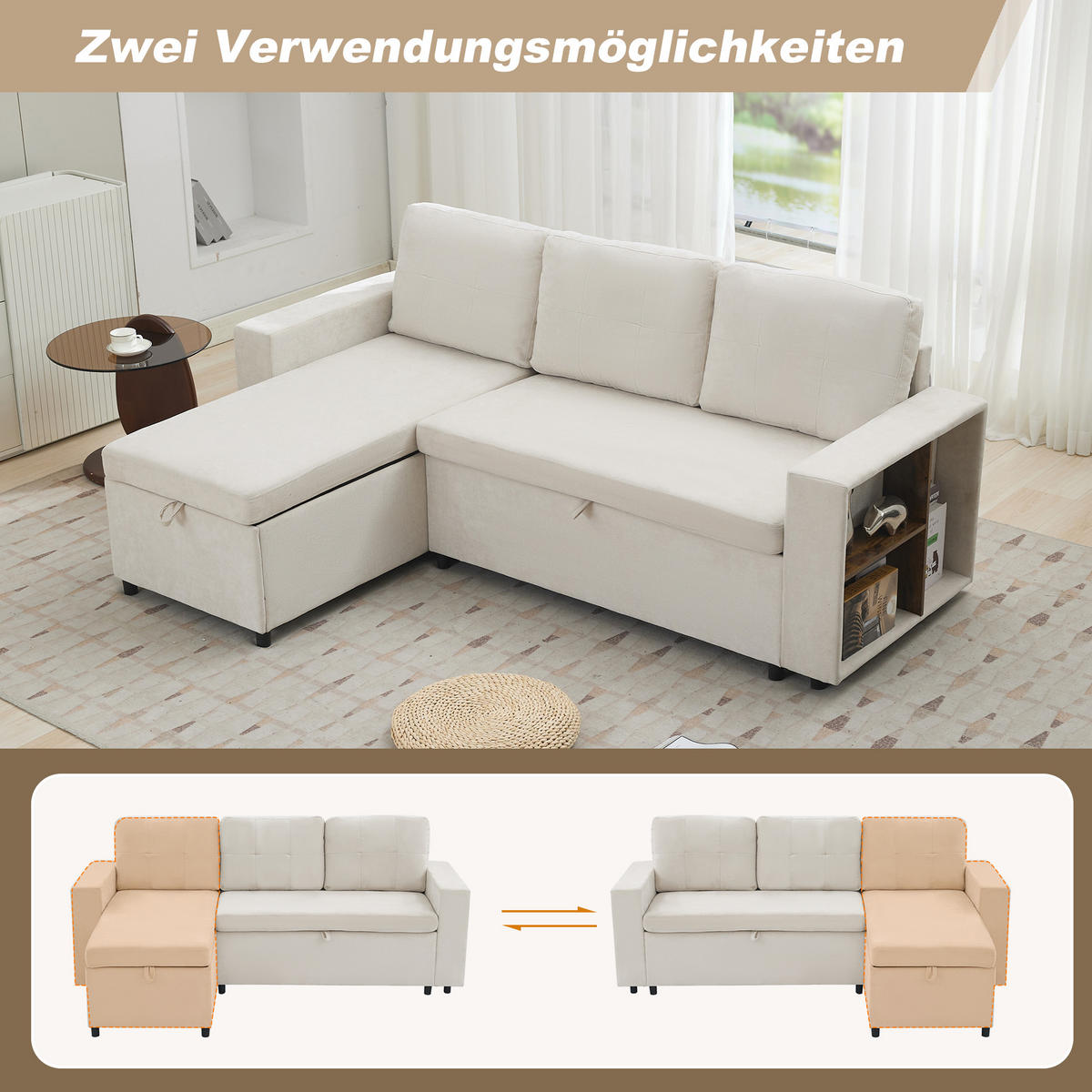 ECKSOFA 202/136/85 cm Beige mit Stauraum - Beige, Textil (202/136cm) - Oxeza