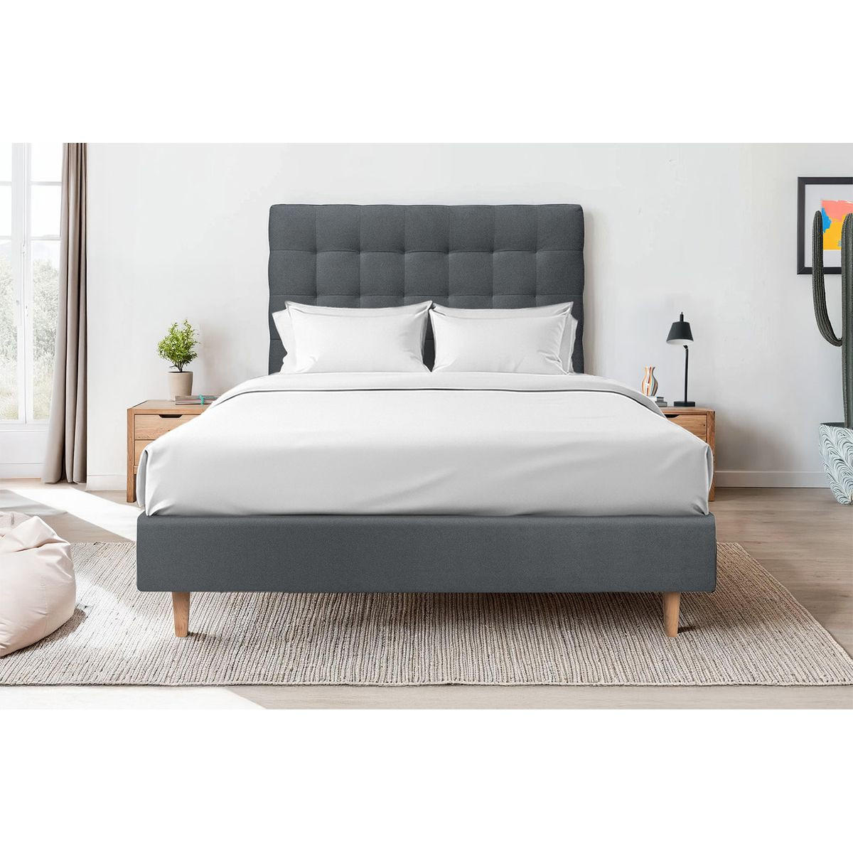 KOPFTEIL gepolstert - Gesteppt – anthrazitgrauer Samtstoff - 200 cm - Beige/Anthrazit, Karton/Holz (200/120/10cm) - Sommeil de Plomb