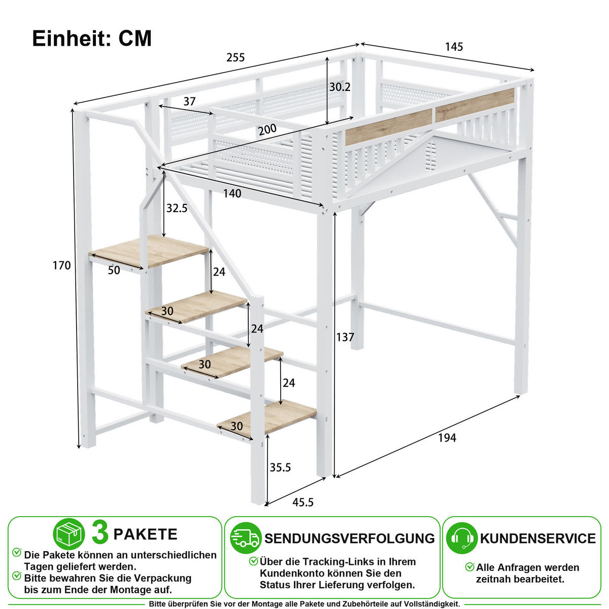 HOCHBETT 140/200 cm in Weiß mit Sicherheitsleiter und Fensterdesign aus Metall - Weiß, Holz/Holzwerkstoff (140/200cm) - CHICFURN