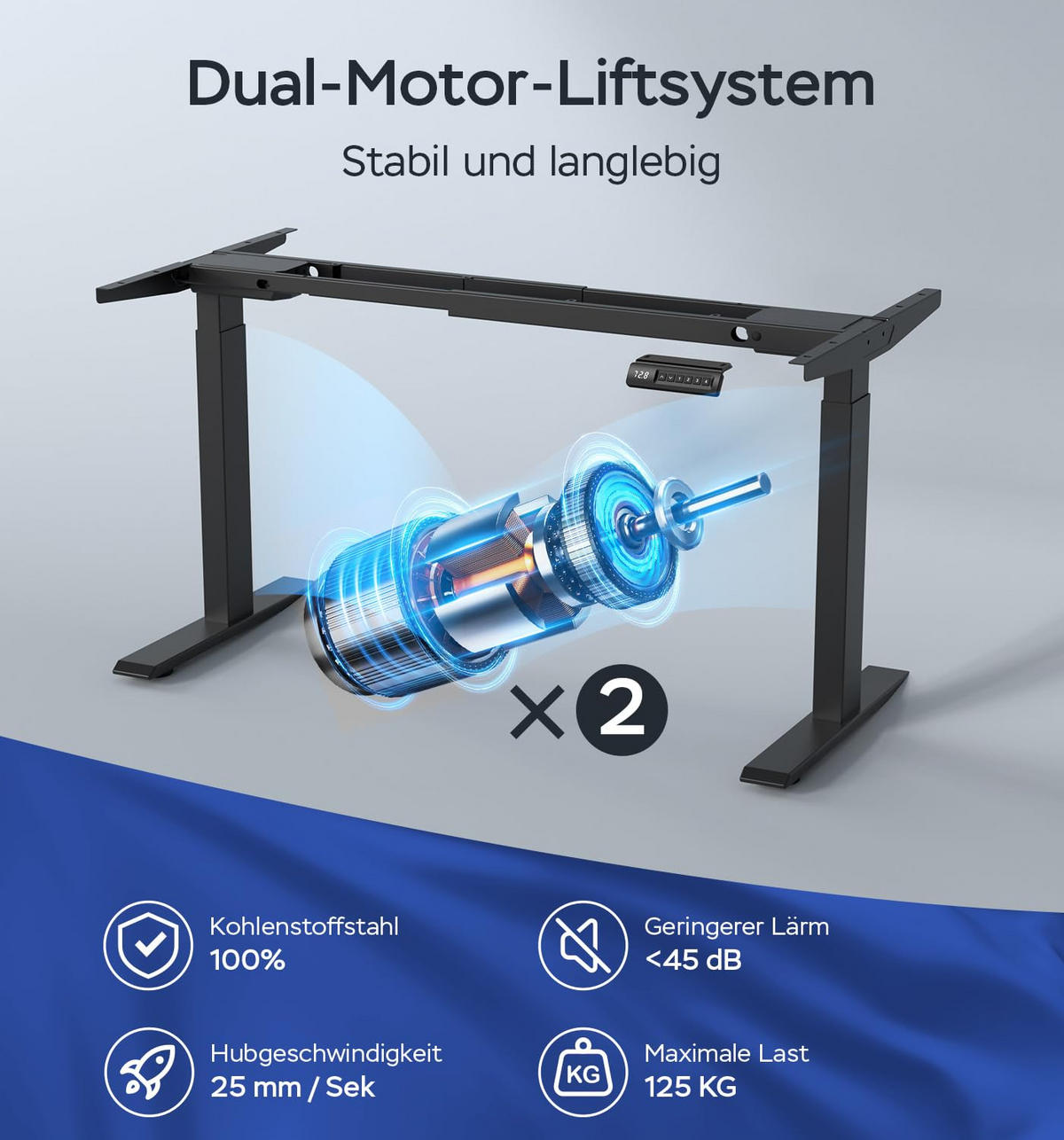 TISCHGESTELL Höhenverstellbares 72/120 cm Schwarz aus Stahl mit 2 Motoren - Schwarz, Metall (150/60/100cm) - OKWISH