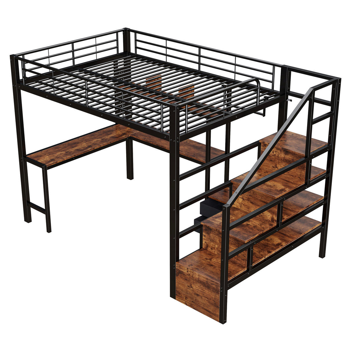 HOCHBETT 140/200 cm mit Eisenrahmen Schwarz, Schreibtisch, Stauraumtreppe und LED-Licht - Schwarz, Metall